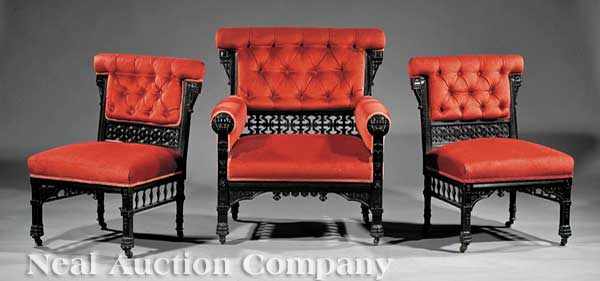 Appraisal: A Suite of Three Ebonized Modern Gothic Chairs late th