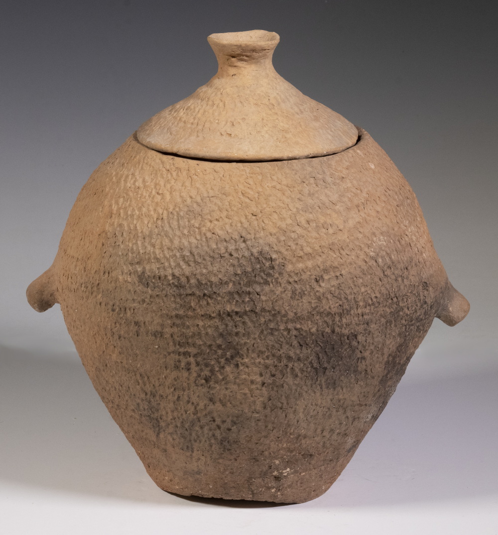 Appraisal: CHINESE NEOLITHIC COVERED JAR Textured Bulbous Terracotta Jar no slip