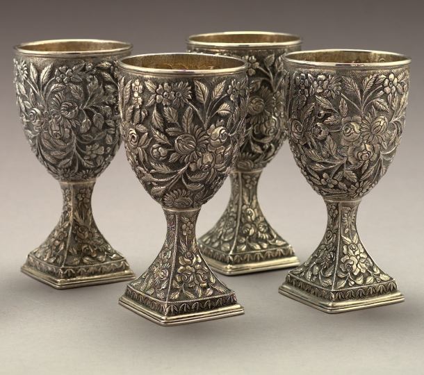 Appraisal: Unusual Set of Four Large Silver Floral Repousse Goblets fourth