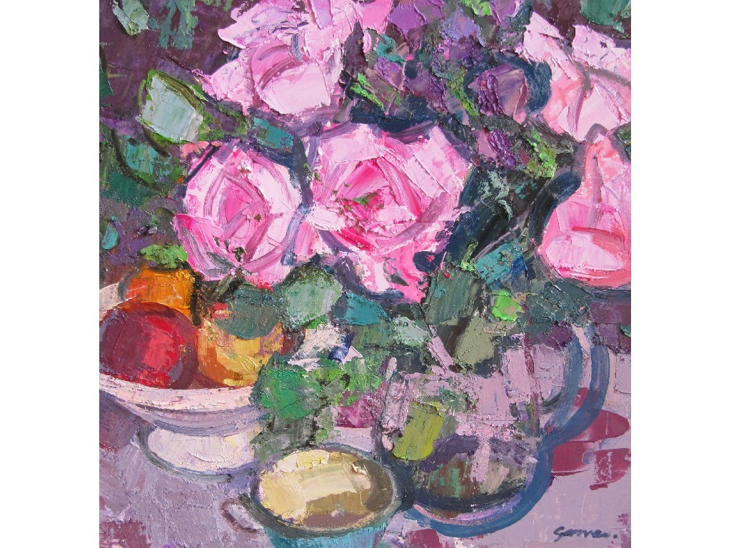 Appraisal: DES GORMAN b Oil on gesso 'Pink roses' signed recto