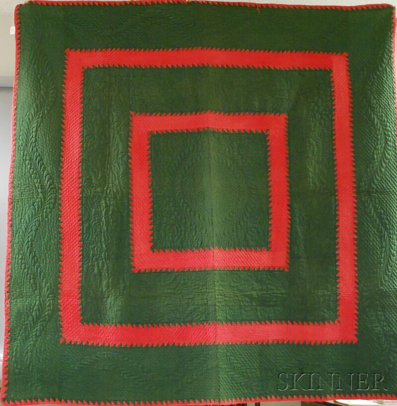 Appraisal: Mennonite Red and Green Sawtooth Square Pattern Quilt reportedly Lancaster