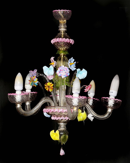 Appraisal: A MURANO GLASS SIX BRANCH CHANDELIER with coloured flower and