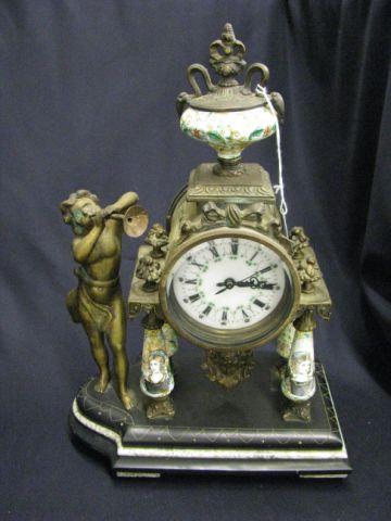 Appraisal: French Bronze Mantle Clock enameled column decor figure on side