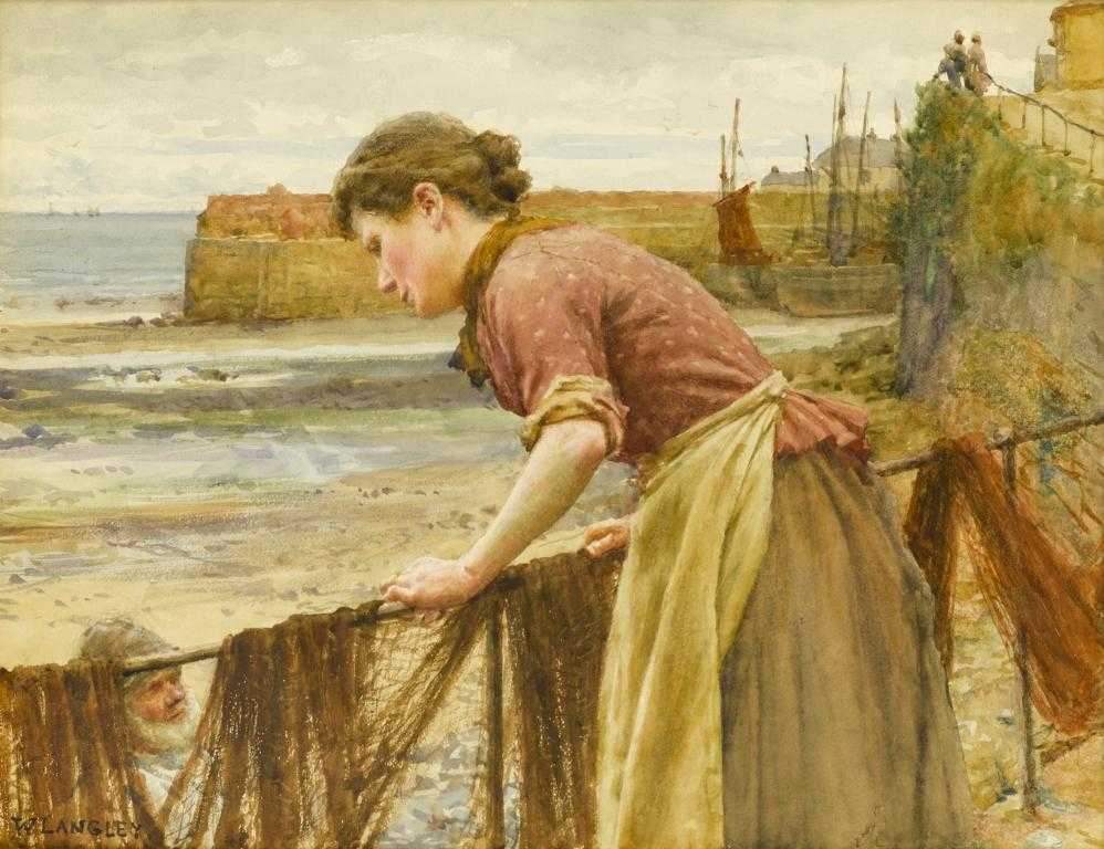 Appraisal: WALTER LANGLEY RI - DRYING THE NETS NEWLYN signed watercolour