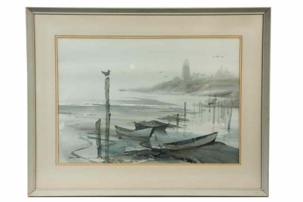 Appraisal: WATERCOLOR - Beached Dories Near Lighthouse by Laurence Philip Sisson