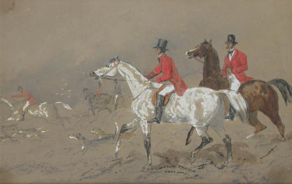 Appraisal: ENGLISH SCHOOL HUNT SCENE Gouache and watercolor on paper x