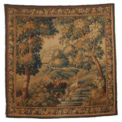 Appraisal: Antique Verdure Tapestry Scene of heron wading with a village