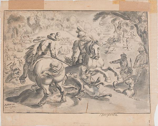 Appraisal: EARLY BOAR HUNT SCENE ON LAID PAPER monochromatic watercolor study