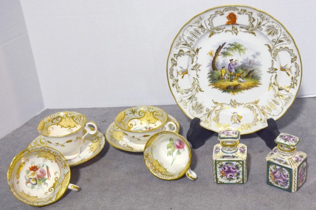 Appraisal: Bx Handpainted PorcelainIncluding cups saucers plate Dia and pair perfume