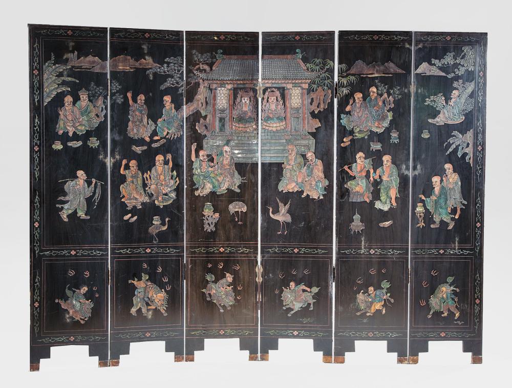 Appraisal: Chinese Carved and Painted Black Lacquer Screen probably early th