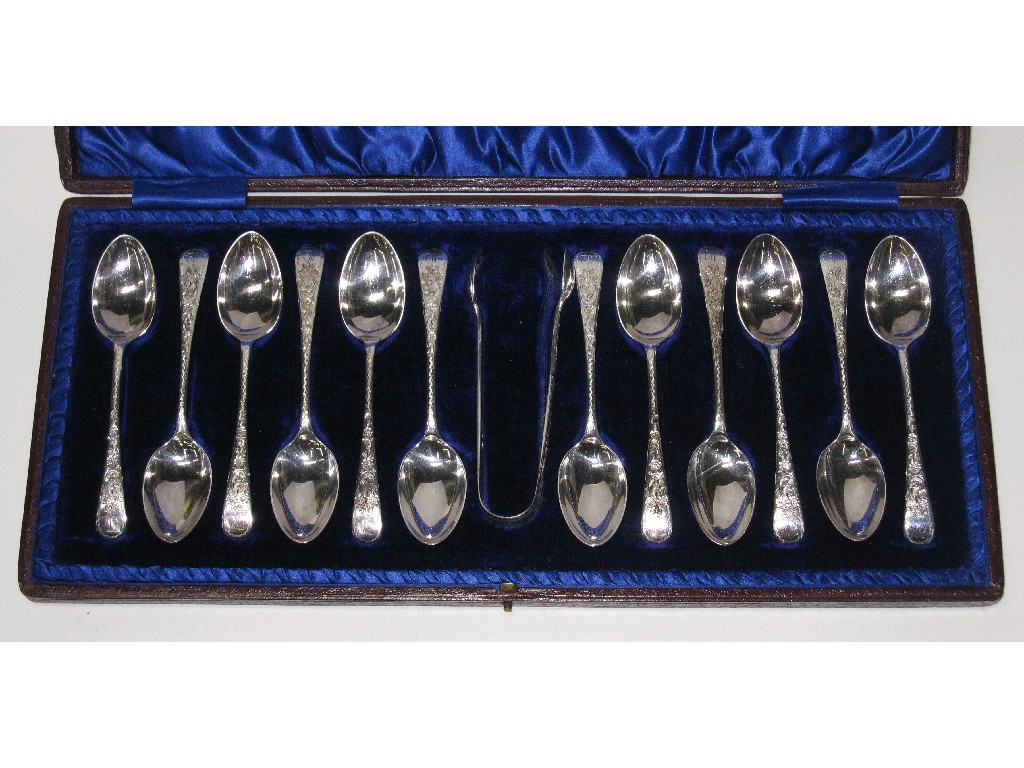 Appraisal: Cased set of twelve silver spoons with tongs Sheffield