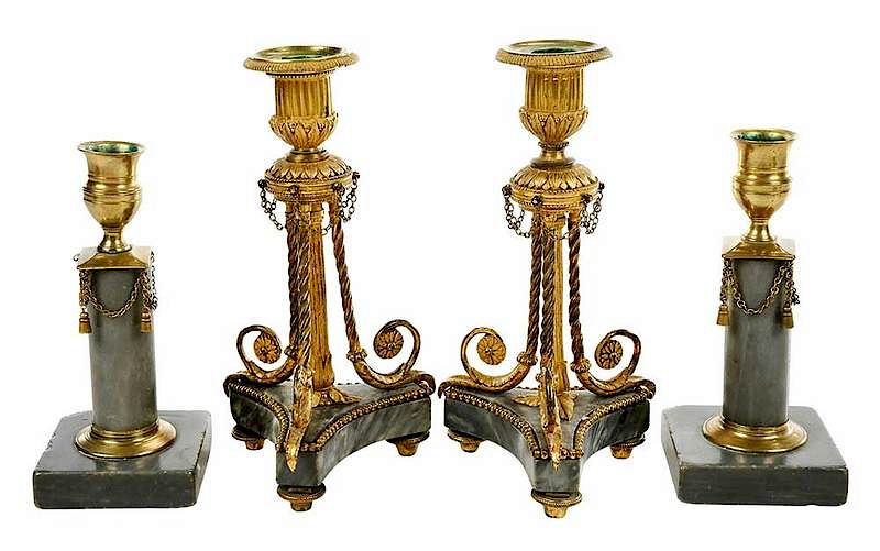 Appraisal: Two Pairs Gilt Bronze and Marble Candlesticks Continental late th