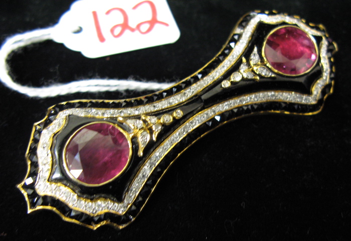 Appraisal: RUBY DIAMOND BLACK ONYX AND EIGHTEEN KARAT GOLD BROOCH Set