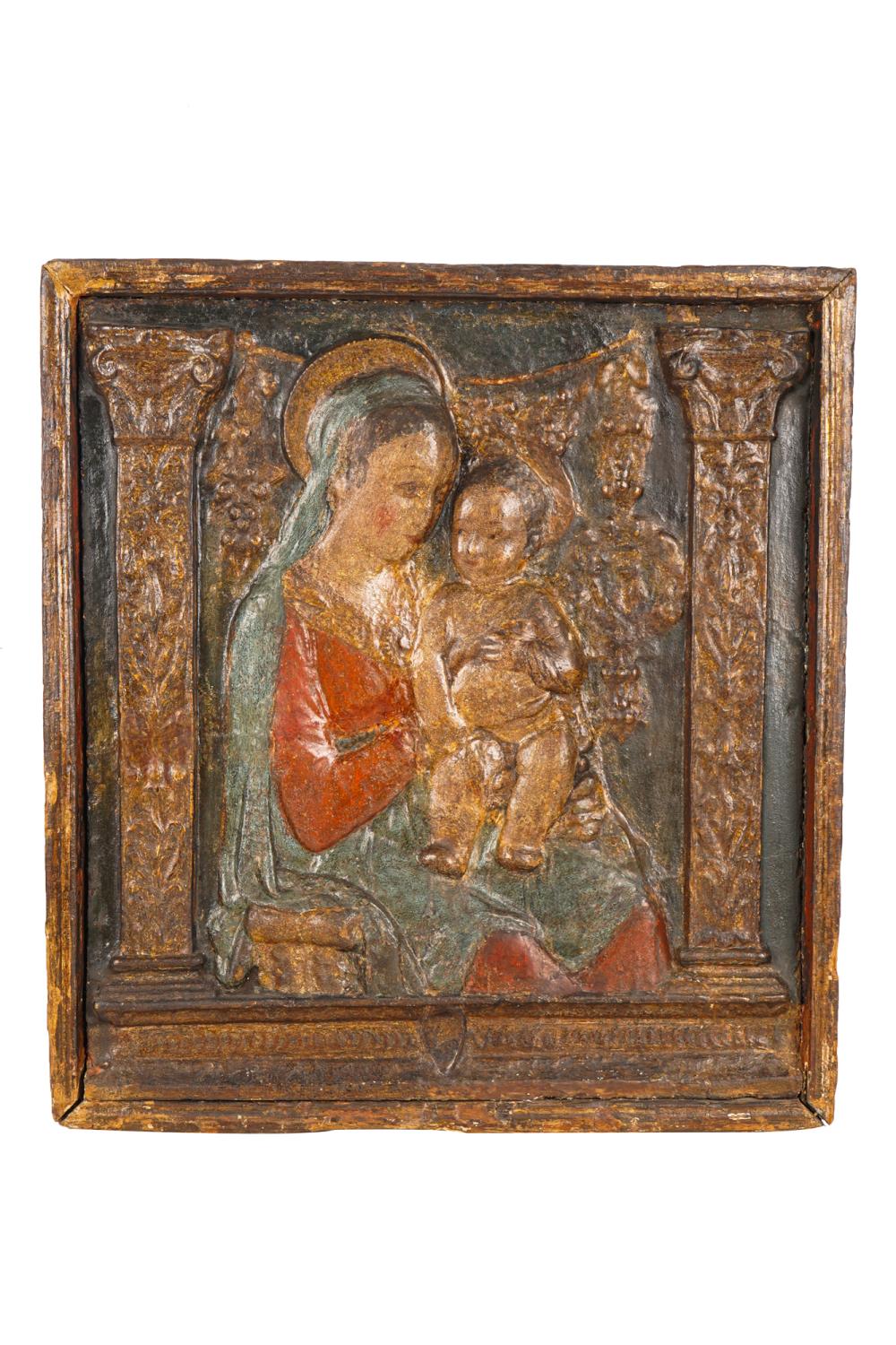 Appraisal: TUSCAN PLAQUE OF THE VIRGIN CHILDpolychrome wood Condition with loss