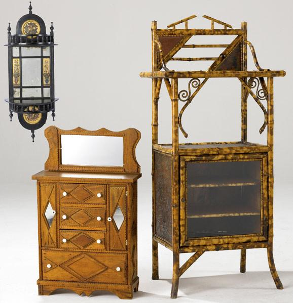 Appraisal: VICTORIAN FURNITURE Bamboo whatnot together with a miniature Tramp Art