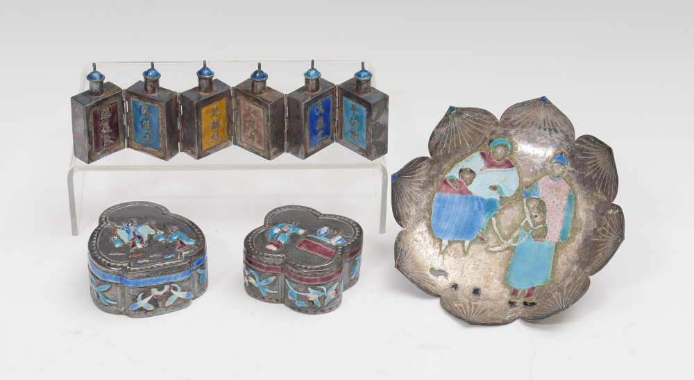 Appraisal: CHINESE EXPORT SILVER ENAMELED OBJECTS DE VERTU pieces total to