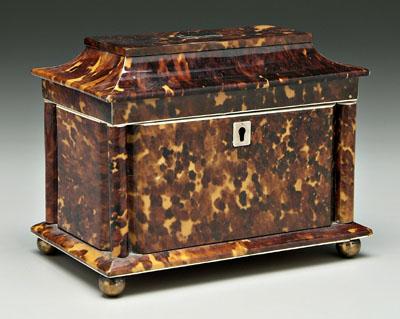 Appraisal: Tortoise tea caddy richly textured tortoise panels flanked by corner