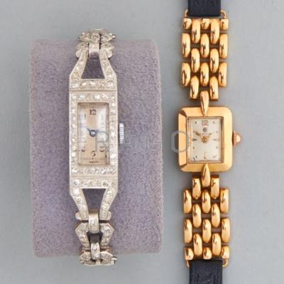 Appraisal: TWO LADIES WRISTWATCHES - Platinum and diamond tank watch with