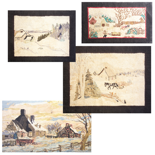 Appraisal: Four hooked rugs depicting winter scenes three with black border