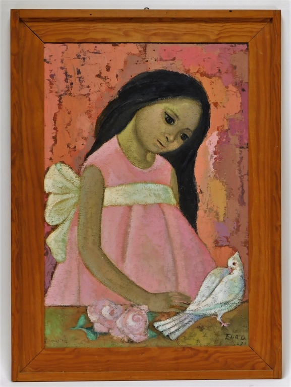 Appraisal: MEXICAN SOCIAL REALIST PAINTING OF A GIRL DOVE Mexico th