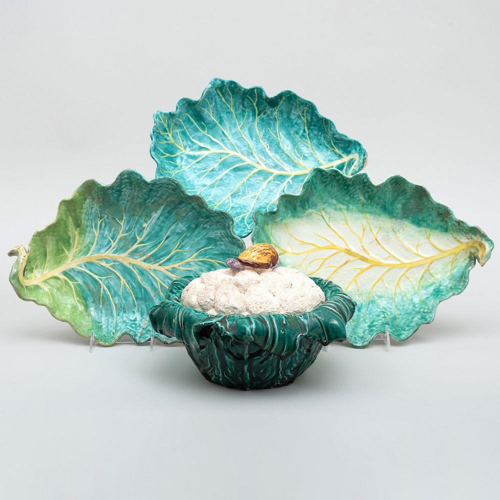 Appraisal: Group of Three Faience Leaf Form Dishes and a Cauliflower