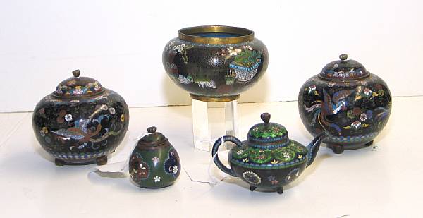 Appraisal: Five cloisonn enameled metal decorations Including two globular covered jars