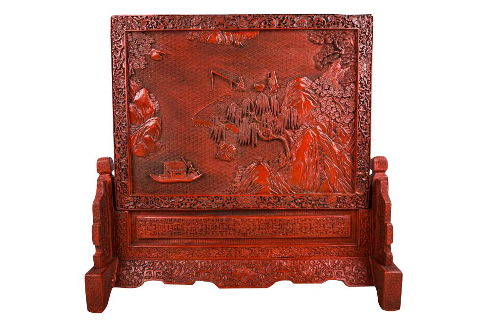 Appraisal: CARVED CINNABAR TABLE SCREEN ON STAND inches wide inches high