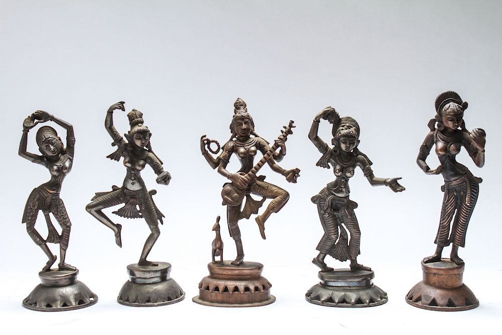 Appraisal: Hindu Brass Sculptures of Goddesses Five Hindu cast brass figurines