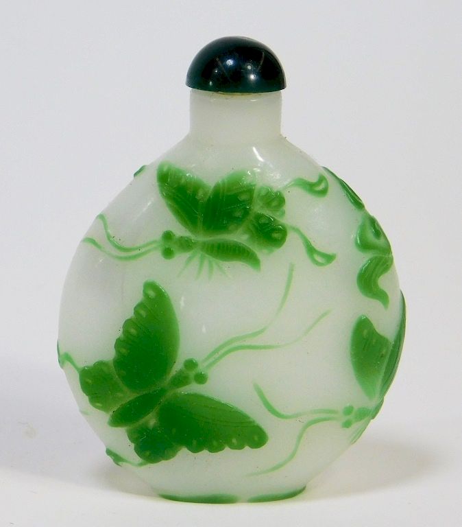 Appraisal: Chinese Carved Peking Glass Butterfly Snuff Bottle China th Century