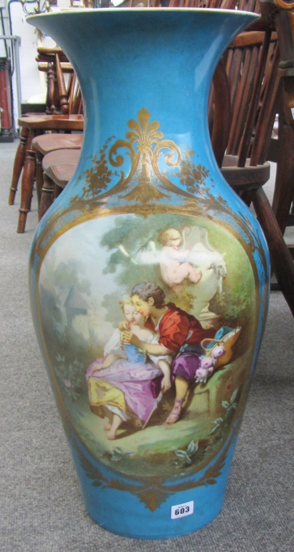 Appraisal: A large pair of Sevres style turquoise ground hall vases