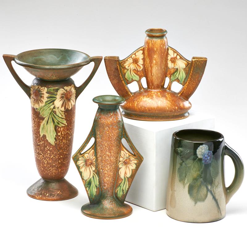 Appraisal: ROSEVILLE WELLER Three brown Dahlrose vases two-handled bud and triple