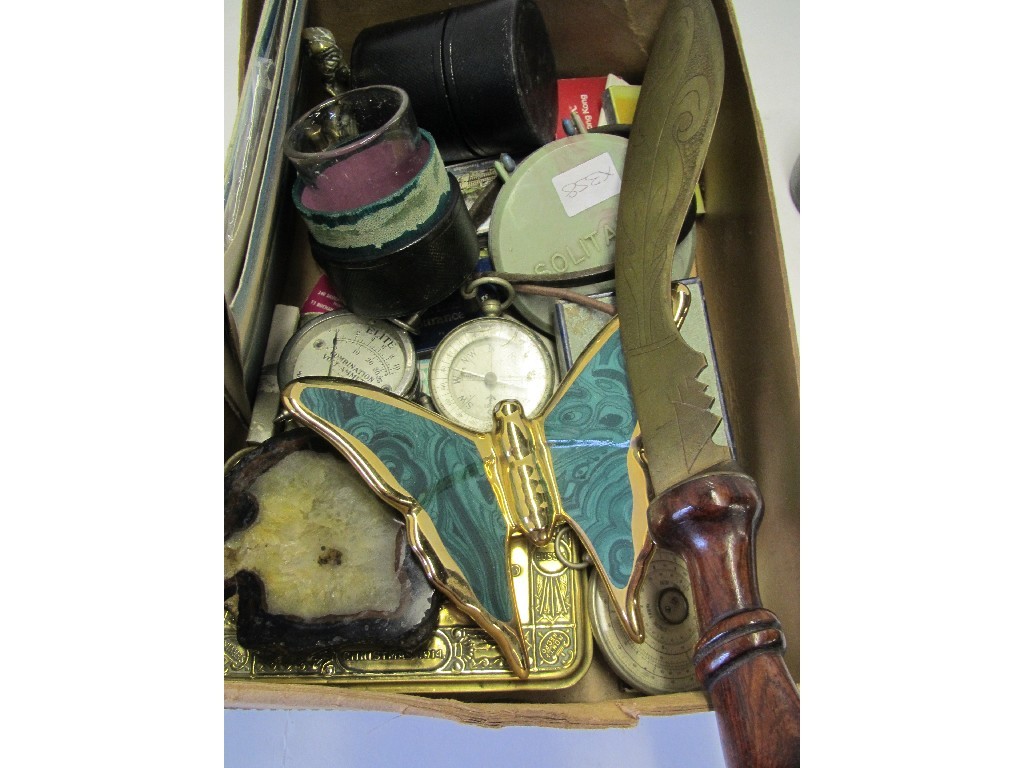 Appraisal: Box of miscellania - compasses Christmas box small kukri etc