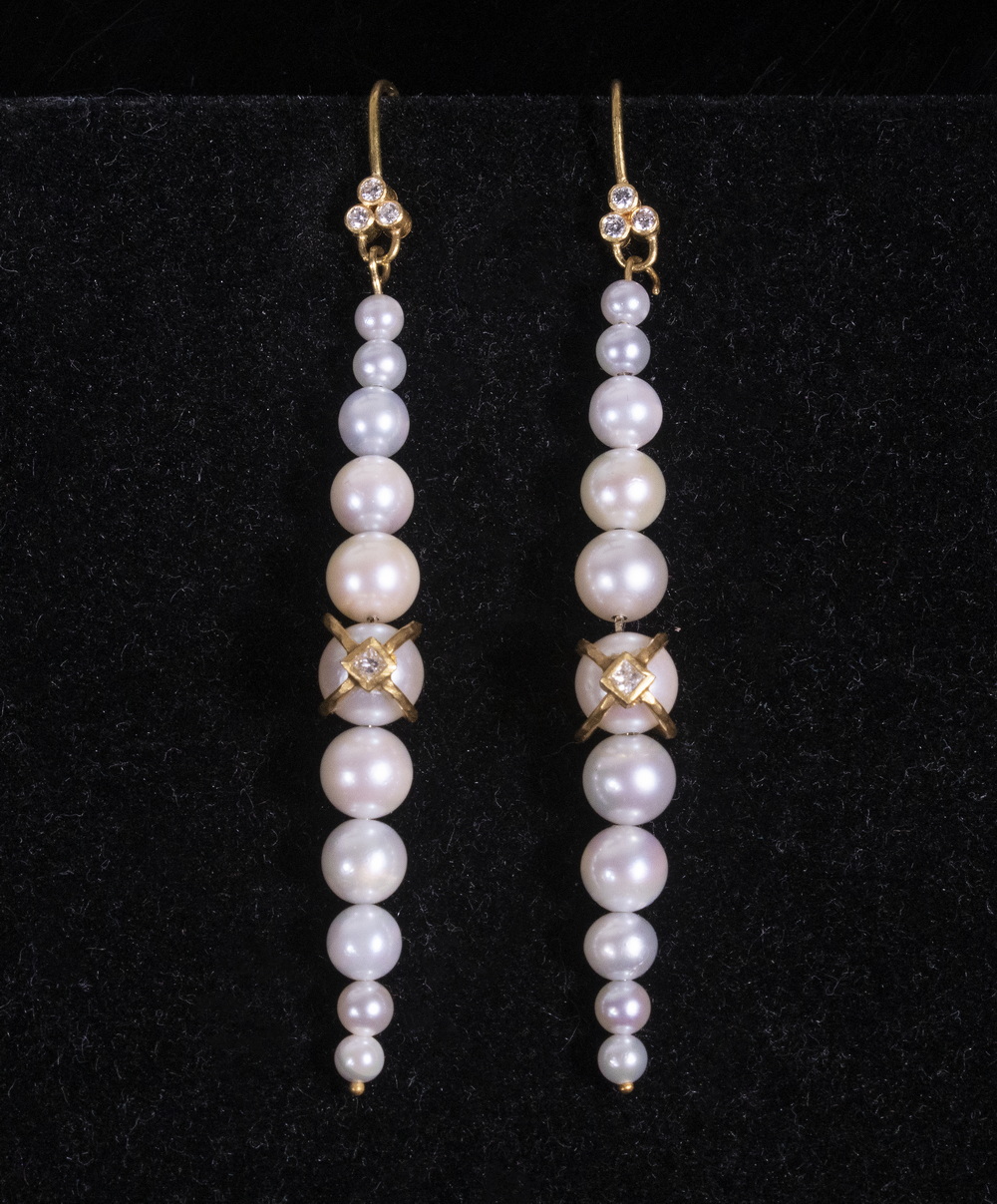 Appraisal: PEARL DIAMOND EARRINGS Pair of K Yellow Gold Mounted Drop