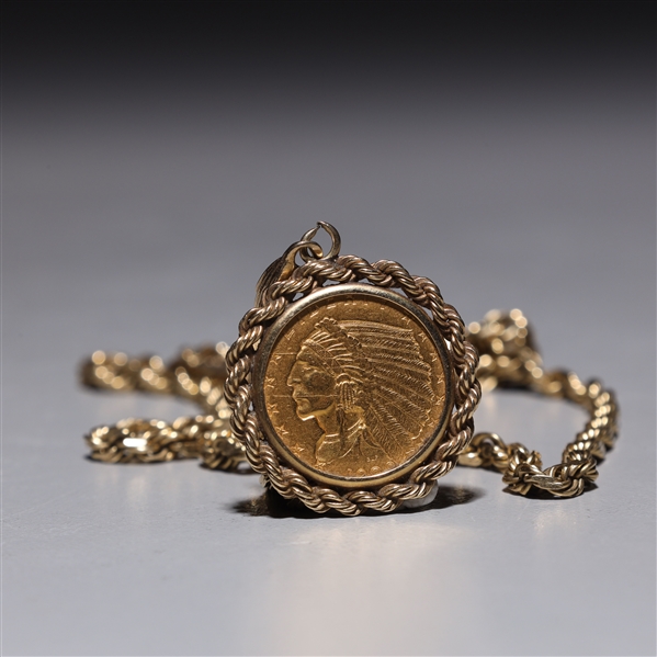 Appraisal: k gold rope chain necklace with Indian Head coin pendant