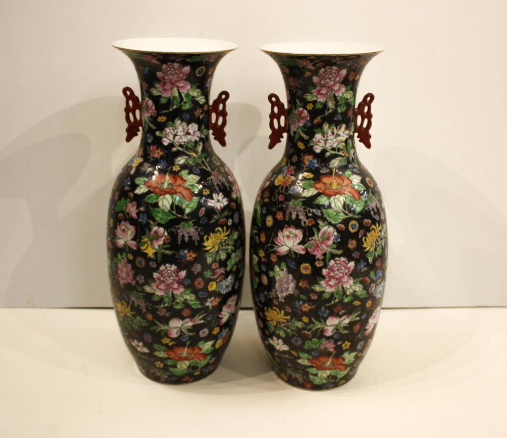 Appraisal: PAIR OF CHINESE FAMILLE NOIRE PORCELAIN VASES each of baluster