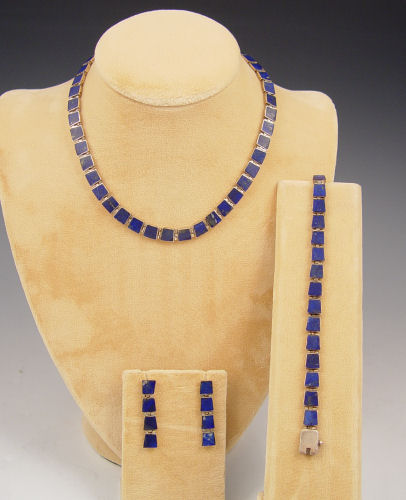 Appraisal: STERLING LAPIS NECKLACE BRACELET EARRINGS Links of lapis framed in