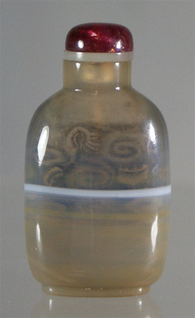 Appraisal: Banded agate inside painted snuff bottle dragon design rose quartz