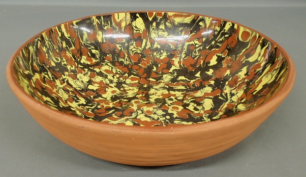 Appraisal: - Large contemporary redware bowl with colorful interior glaze decoration