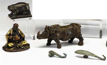 Appraisal: Five Chinese bronzes mostly qing dynasty Comprising of a rhinoceros