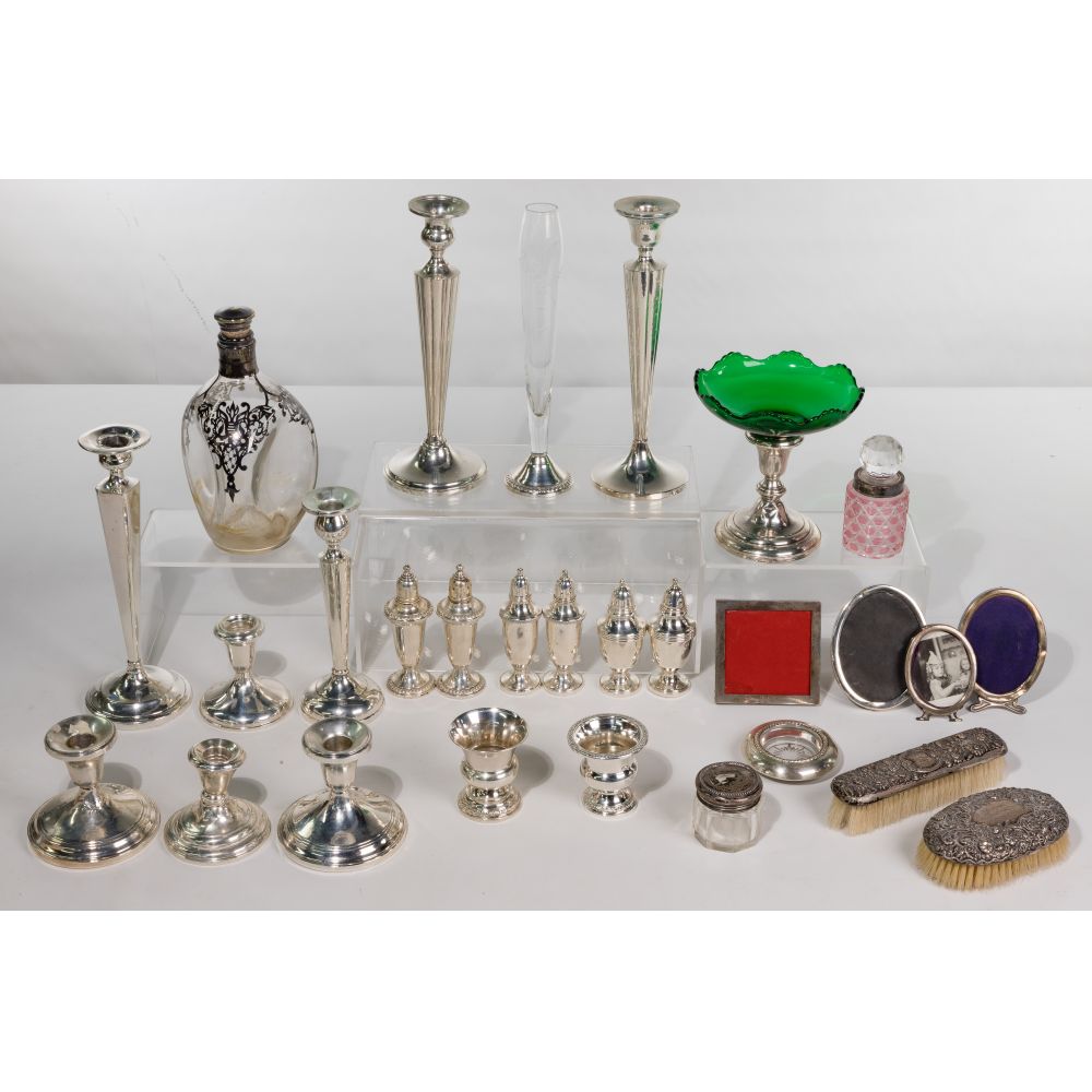 Appraisal: STERLING SILVER OBJECT ASSORTMENT weighted items including candle sticks salt