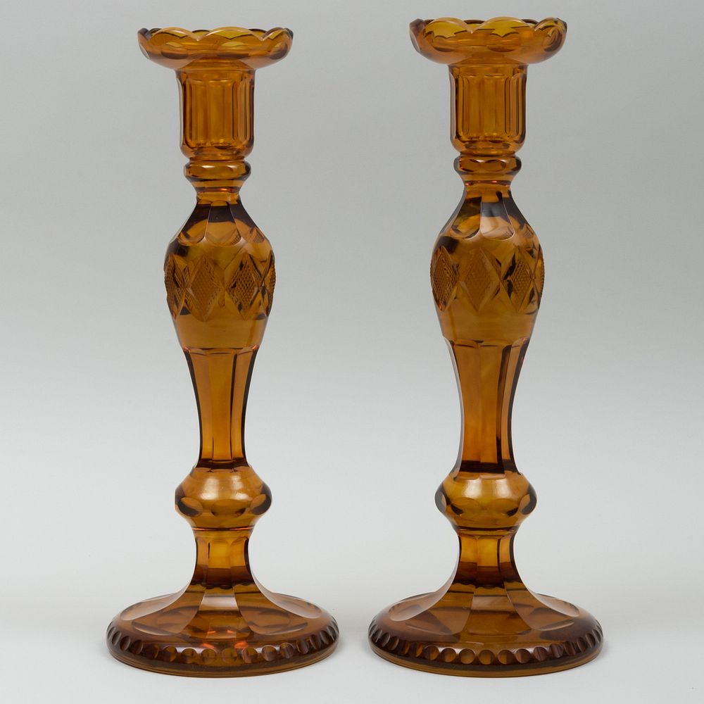 Appraisal: Pair of Regency Amber Cut Glass Candlesticks x in diam