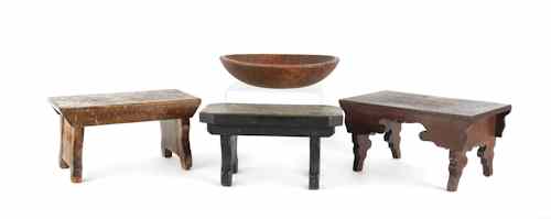 Appraisal: Woodenware to include three foot stools a bowl and a