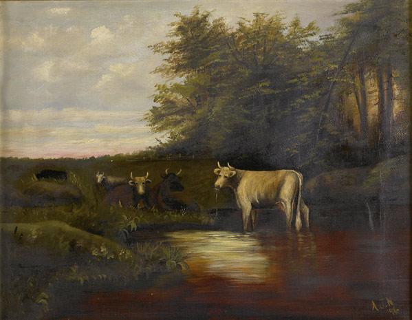 Appraisal: th C RURAL PAINTINGS Group of three Untitled Cows at