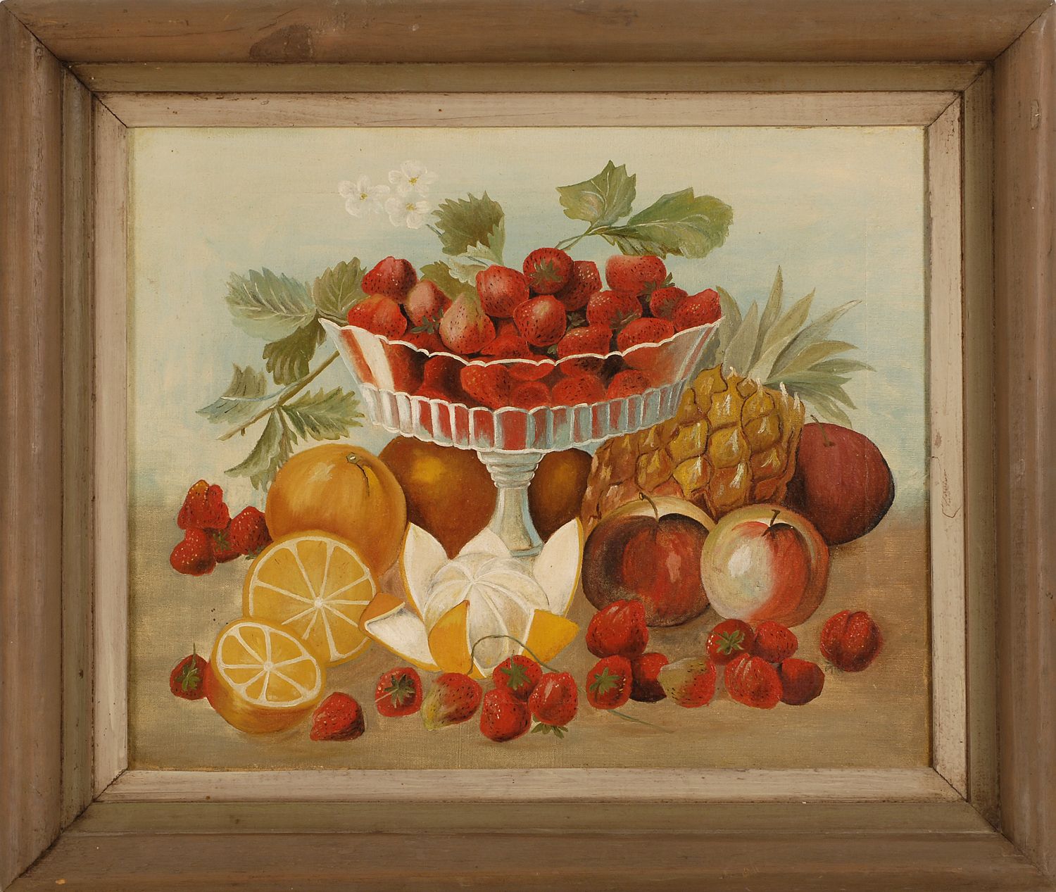 Appraisal: FRAMED PAINTING ARTIST UNKNOWN Primitive still life with fruit Depicting