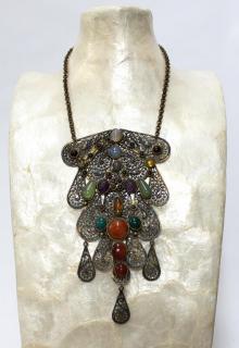 Appraisal: Gilt Silver Filigree Semiprecious Stone Pendant A large plaque formed