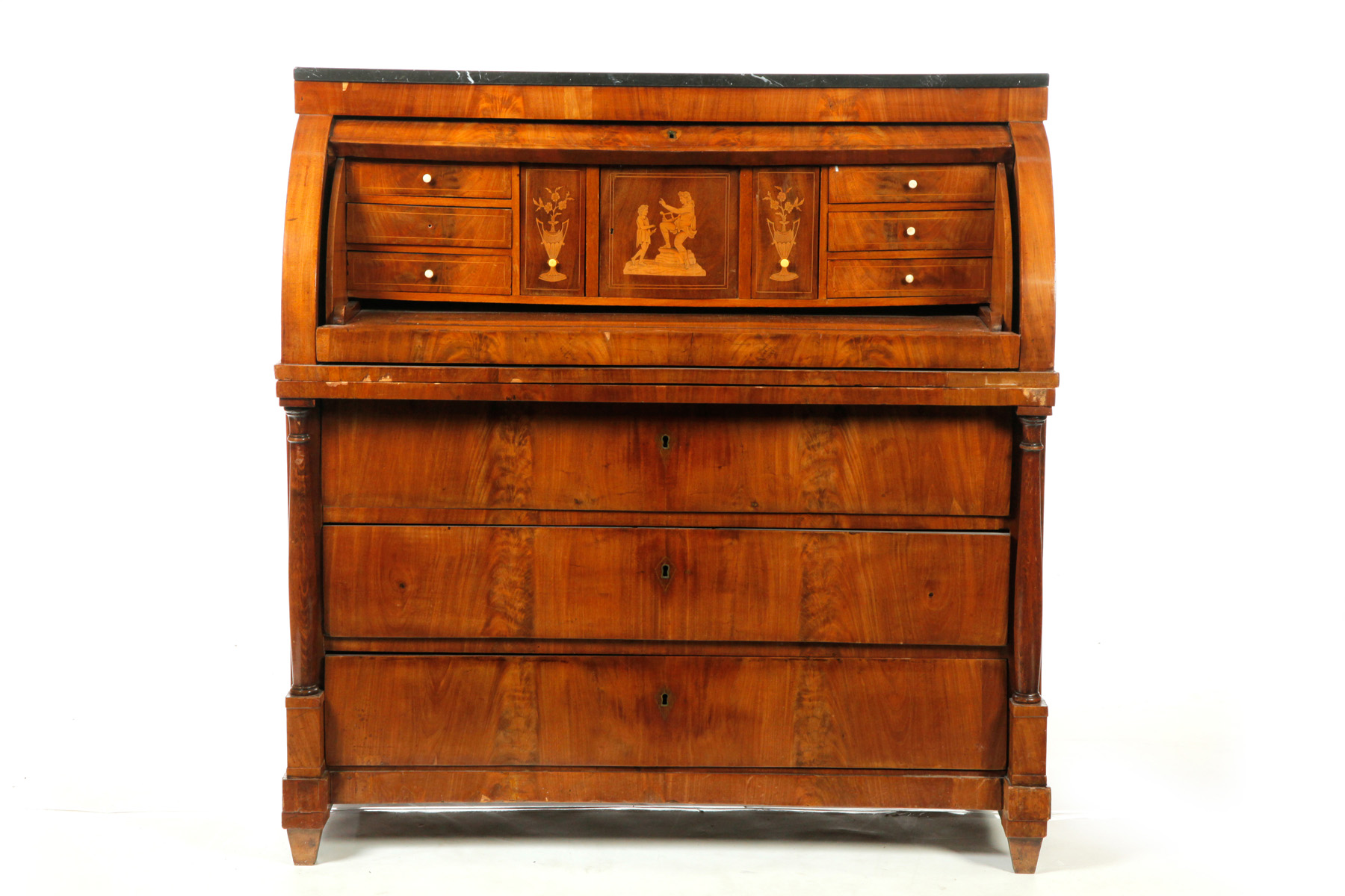 Appraisal: BIEDERMEIER CYLINDER DESK Germany or Austria - Parquetry-inlaid drawers and