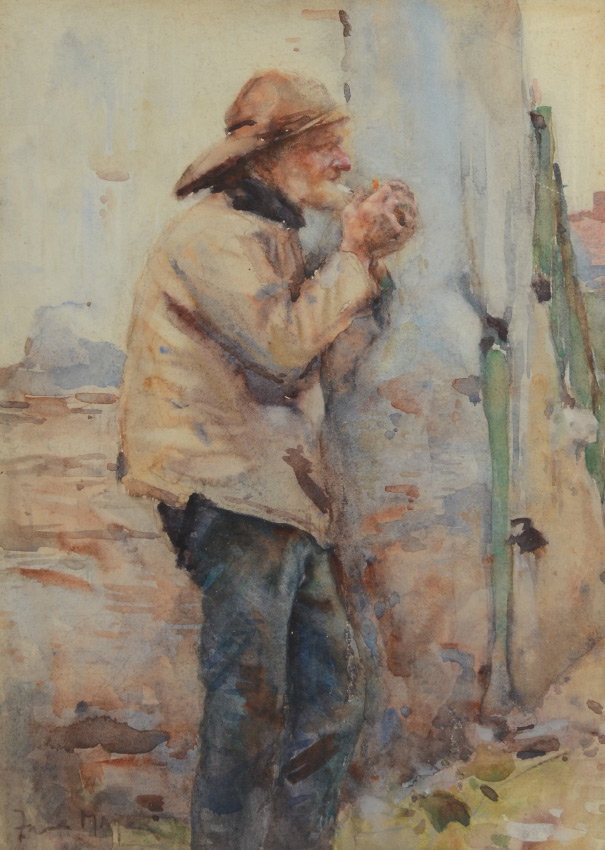 Appraisal: FRANK MAYER PAINTING OF OLD FISHERMAN SMOKING Watercolor sight size