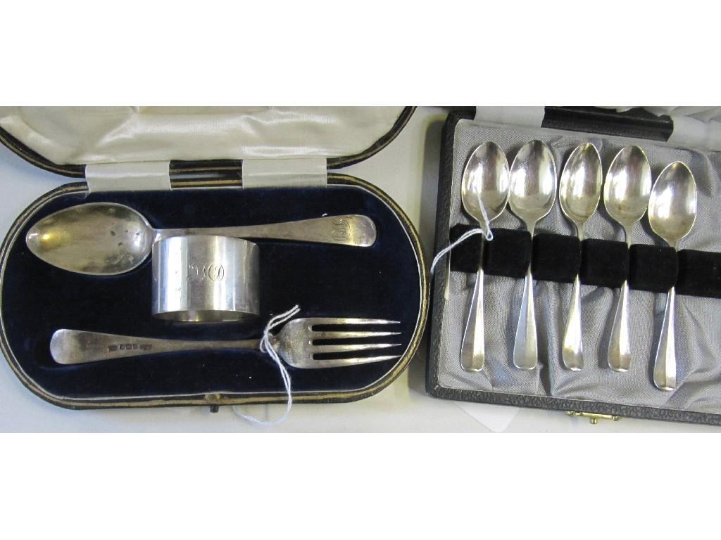 Appraisal: Lot comprising cased silver christening set and part set five