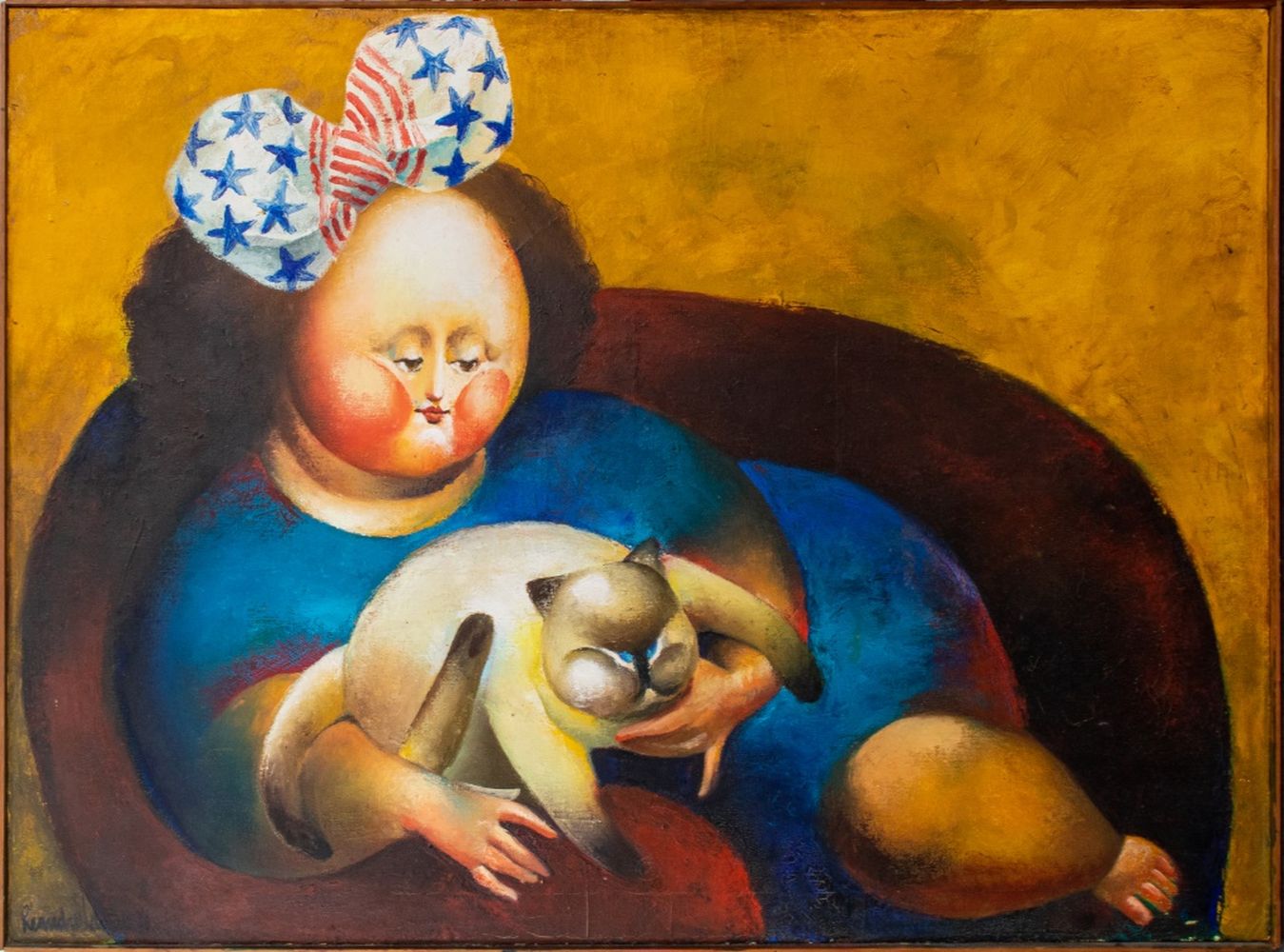 Appraisal: LEANDRO VELASCO 'PATRIOTIC GIRL W CAT' OIL Leandro Velasco Colombian