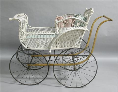 Appraisal: VICTORIAN STYLE WHITE WICKER BABY CARRIAGE h w d in